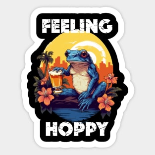 Coqui Frog Holding a Beer - Feeling Hoppy (White Lettering) Sticker